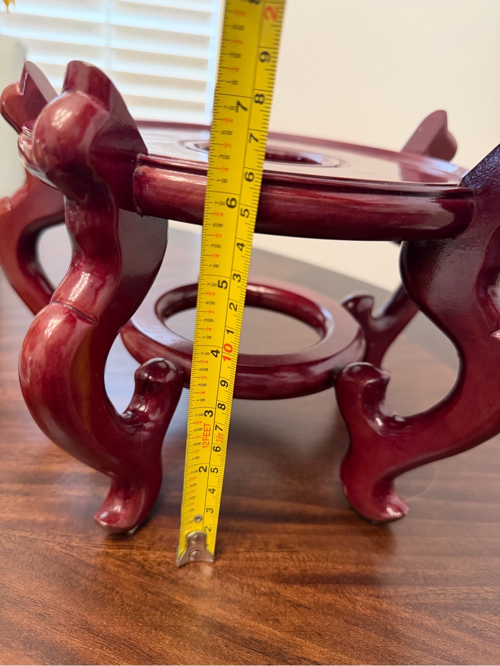 Carved Wooden Display Stand in Deep Burgundy